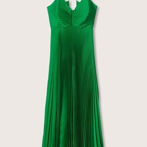 Mango V Neck Green Pleated Maxi Dress